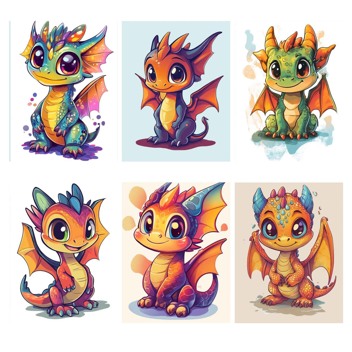 Mini Chibi Collection - Dragons 6 Hand Rendered Mini Canvases (Full Coverage) Square 13z18cm each