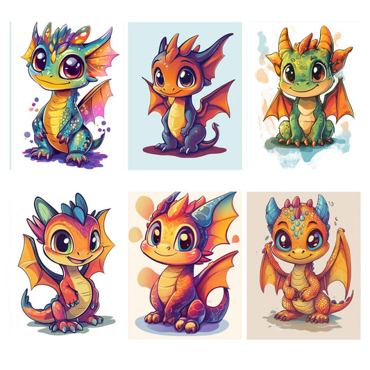 Mini Chibi Collection - Dragons 6 Hand Rendered Mini Canvases (Full Coverage) Square 13z18cm each