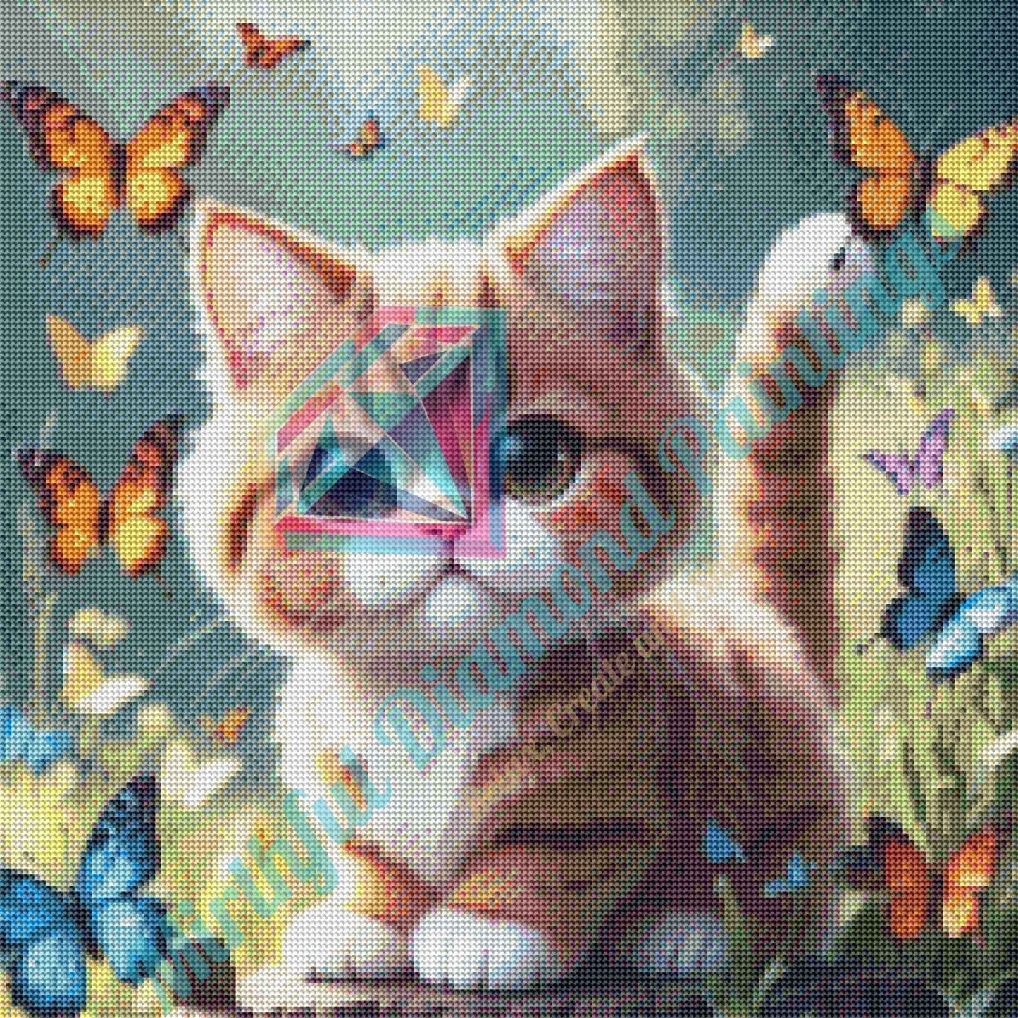 Kitty of Butterflies – Premium Diamond Painting Kit (50x50cm) Square Resin OR Round Acrylic Drills | Fantasy Cat DIY Art