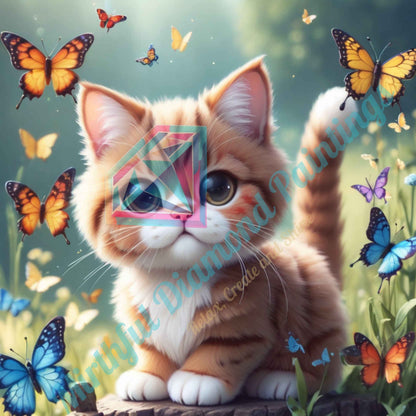Kitty of Butterflies – Premium Diamond Painting Kit (50x50cm) Square Resin OR Round Acrylic Drills | Fantasy Cat DIY Art