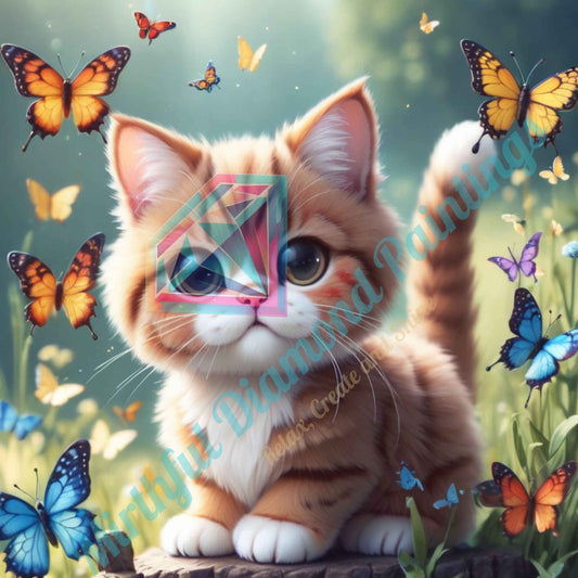 Kitty of Butterflies – Premium Diamond Painting Kit (50x50cm) Square Resin OR Round Acrylic Drills | Fantasy Cat DIY Art
