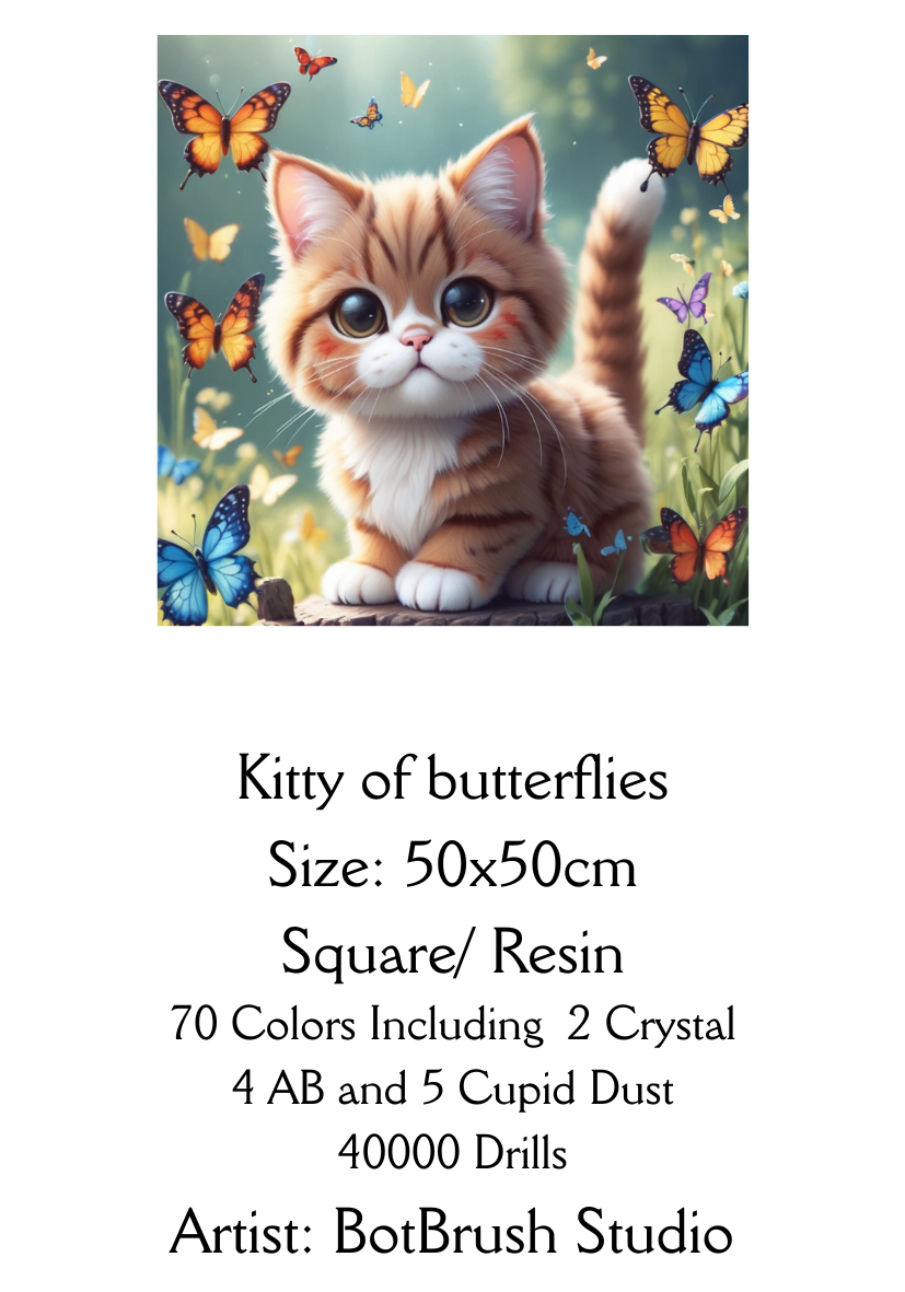 Kitty of Butterflies – Premium Diamond Painting Kit (50x50cm) Square Resin OR Round Acrylic Drills | Fantasy Cat DIY Art