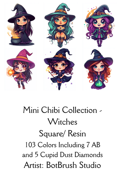 Mini Chibi Collection - Witches. 6 Canvases 15x20cm Premium Diamond Painting Kit Hand charted