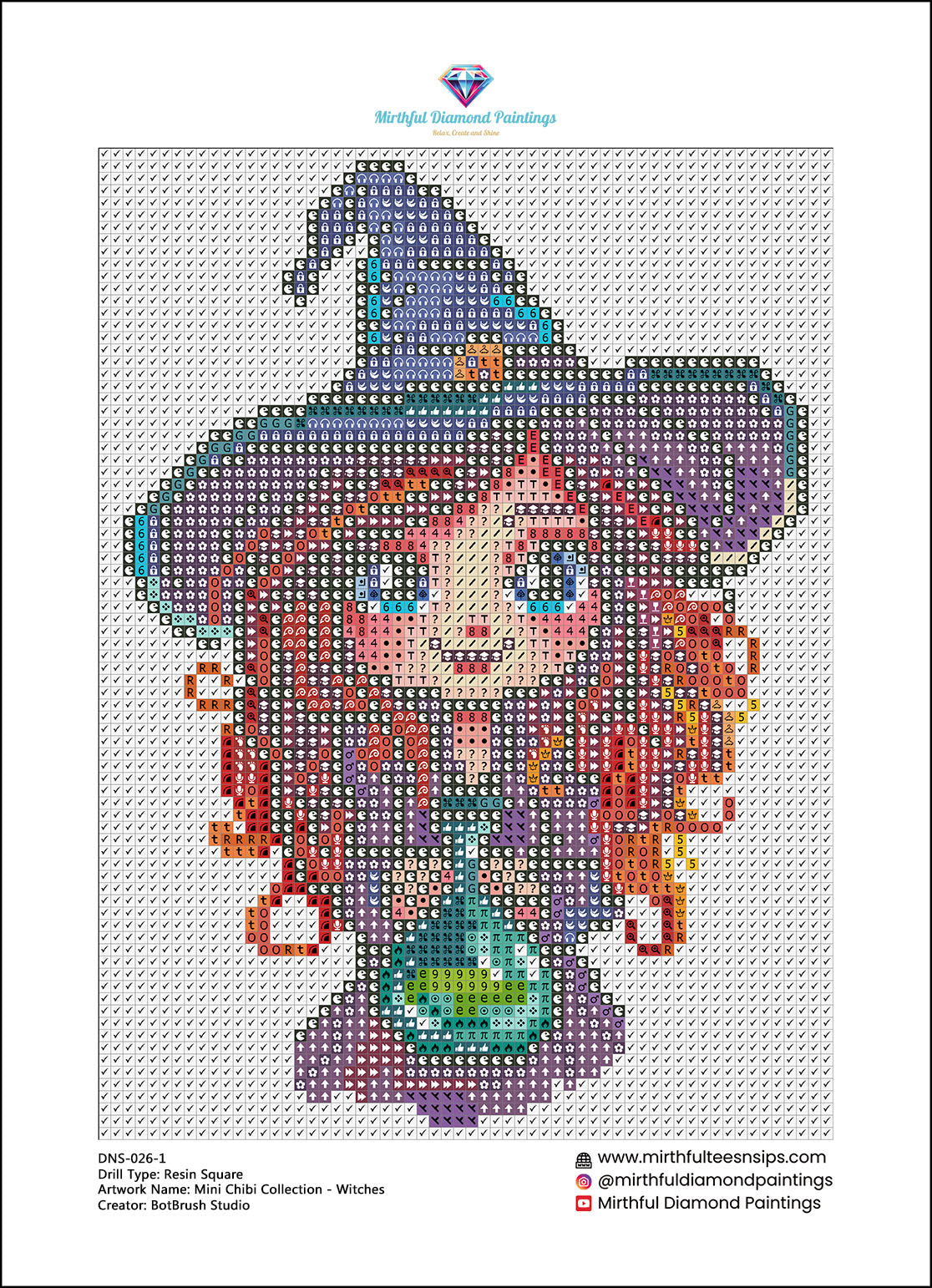 Mini Chibi Collection - Witches. 6 Canvases 15x20cm Premium Diamond Painting Kit Hand charted