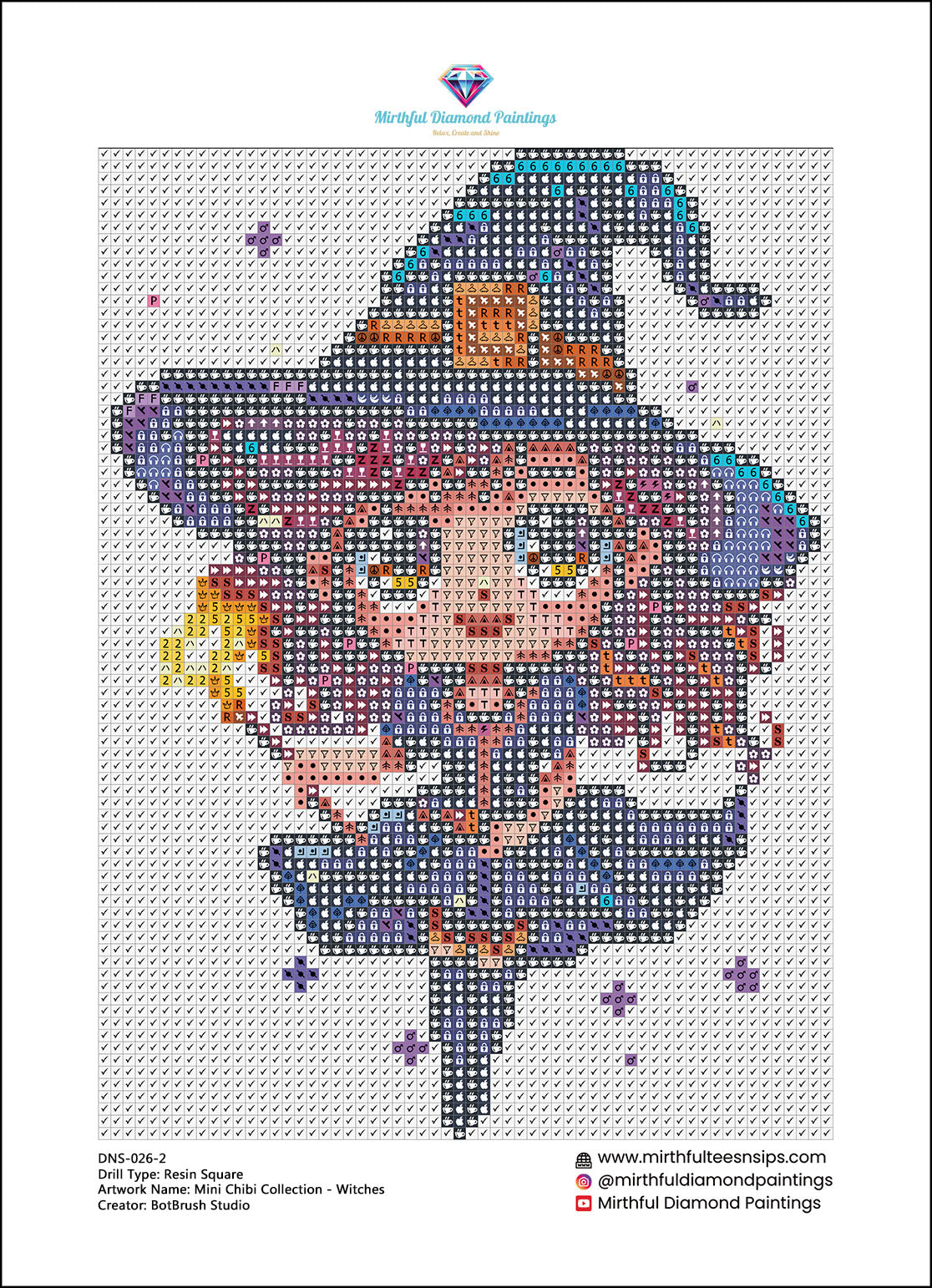 Mini Chibi Collection - Witches. 6 Canvases 15x20cm Premium Diamond Painting Kit Hand charted
