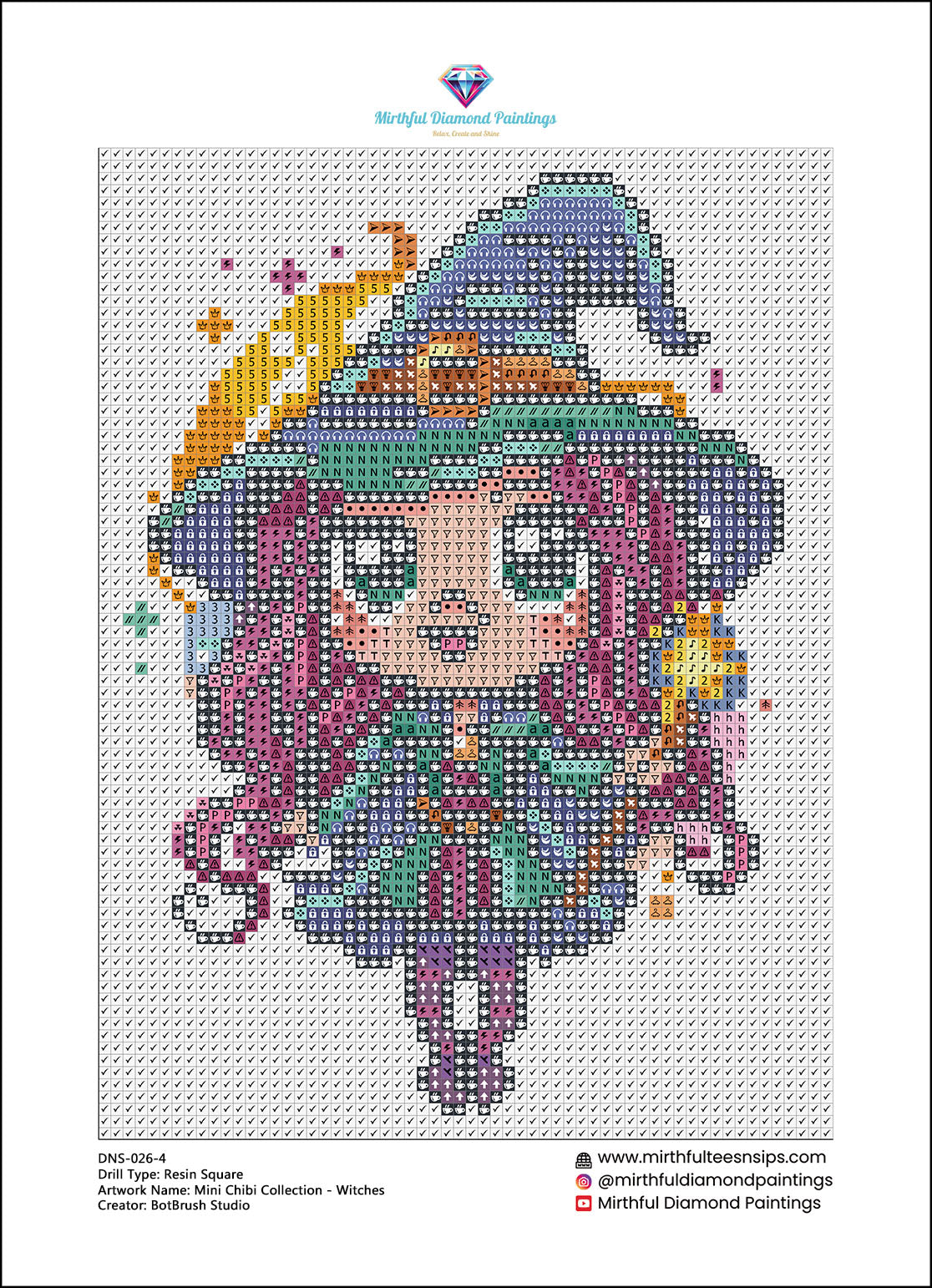 Mini Chibi Collection - Witches. 6 Canvases 15x20cm Premium Diamond Painting Kit Hand charted