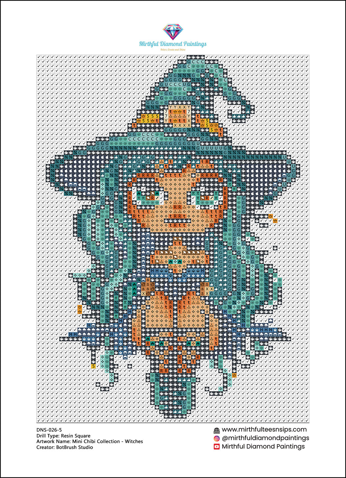 Mini Chibi Collection - Witches. 6 Canvases 15x20cm Premium Diamond Painting Kit Hand charted