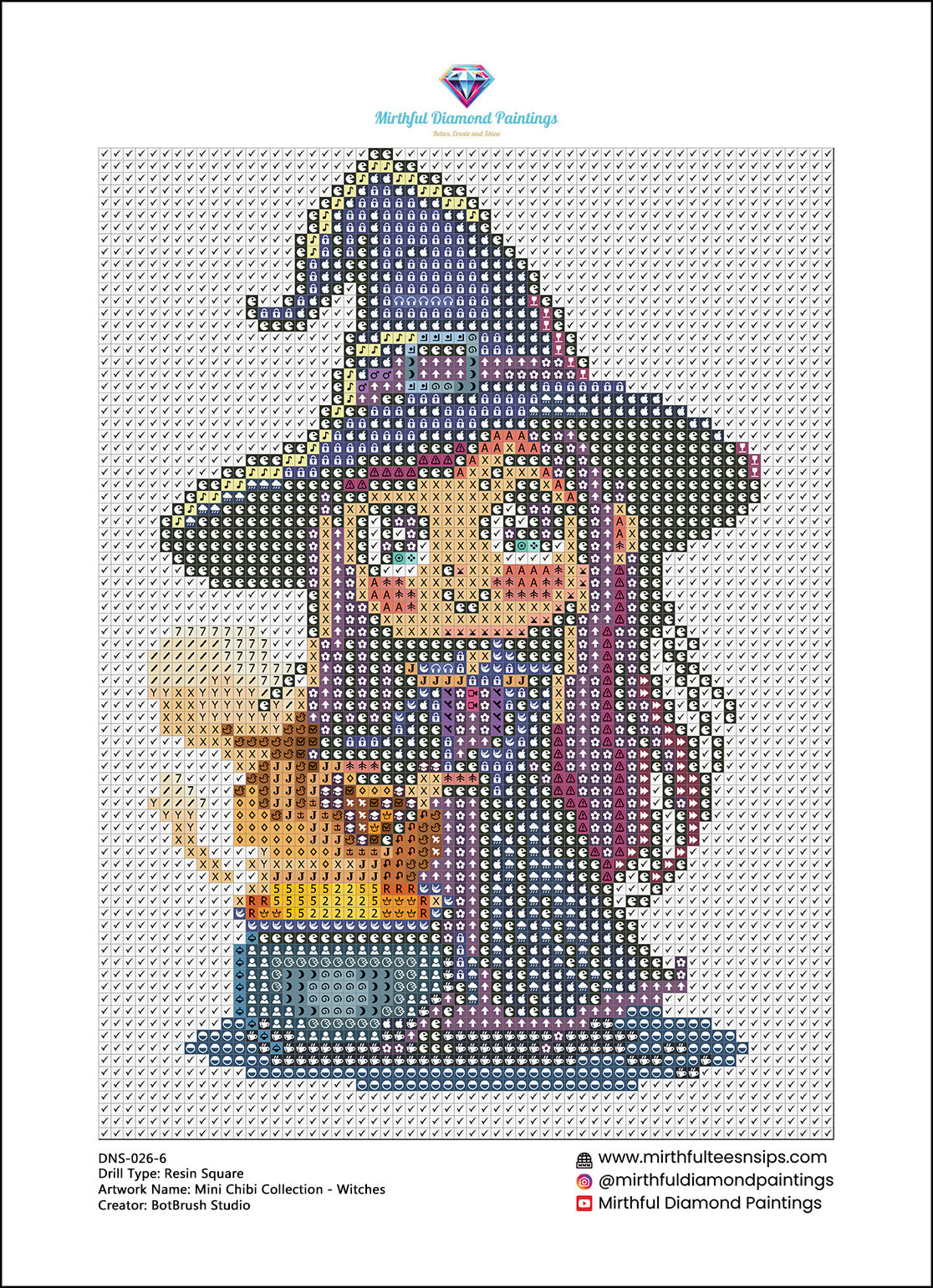 Mini Chibi Collection - Witches. 6 Canvases 15x20cm Premium Diamond Painting Kit Hand charted